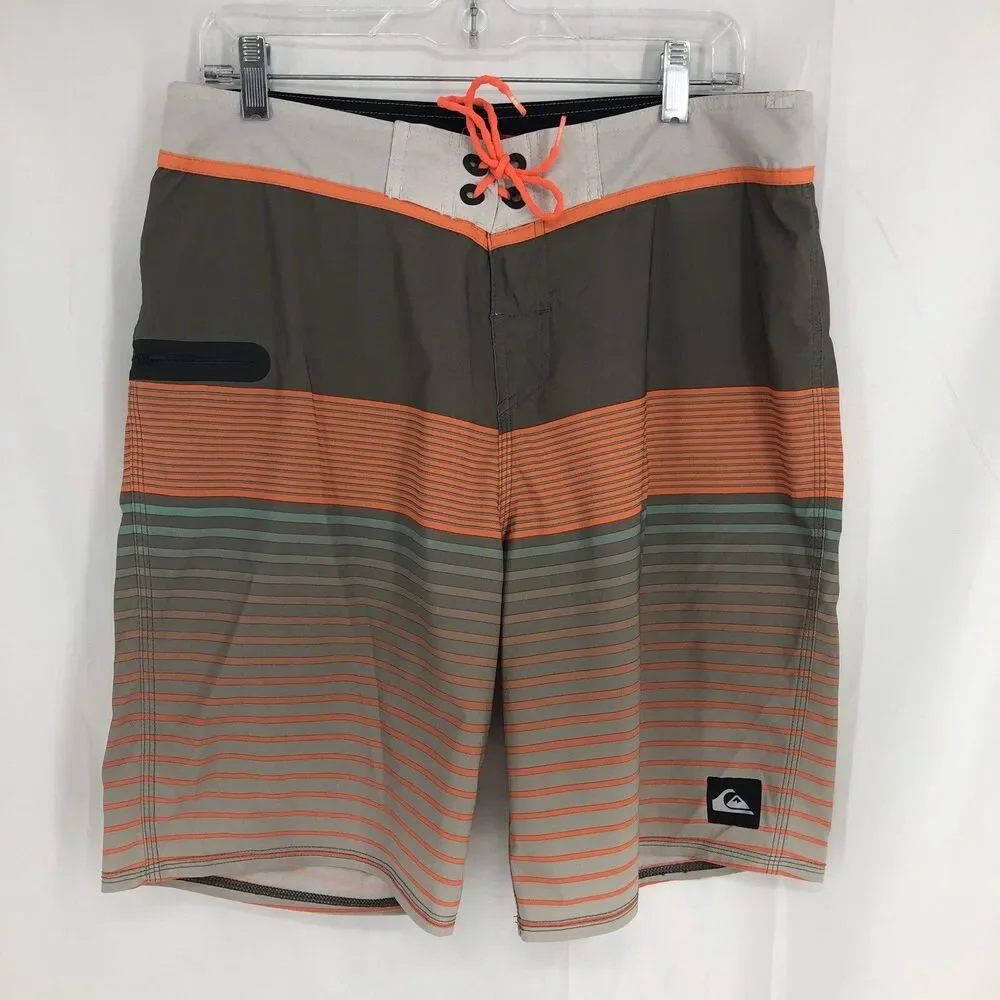Quiksilver Swim Trunks Green Orange Ombre Striped Zip Pocket Board Shorts 34